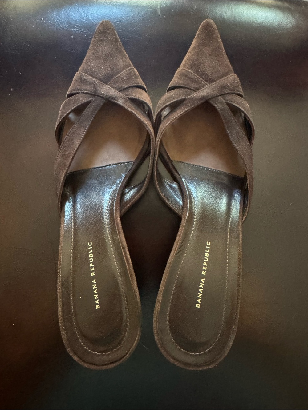 Banana Republic Women’s Brown Suede Strappy Pointed Toe Mule Kitten Heels 6.5